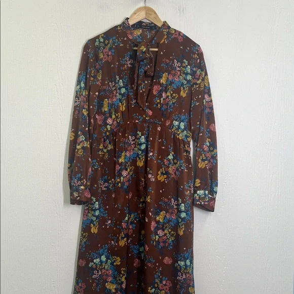 Zara - Colorful Floral Neck Tie Long Sleeve Deep V Neck Midi Dress Size Large - Picture 10 of 12